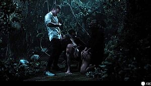 Busty chick frozen in time gets drilled by three guys in forest