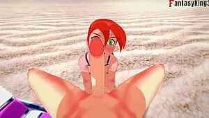 In This 3D Anime Hentai, Grown Gwen Tennyson Enjoys Bikini Sex on Public Beach with Ben10, Featuring See-Through Fantasy and FPOV
