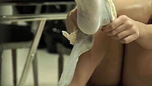 Redheaded Babe Receives Intense Footjob And Cumshot!