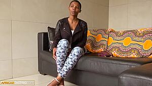 Black beauty with massive tits rides huge white cock for job