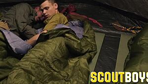 Austin and Oliver, scout twinks, engage in bareback tent sex, leading to cum