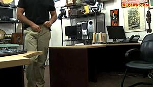 In the pawnshop, a busty woman with tattoos gets spied on while getting drilled hard.