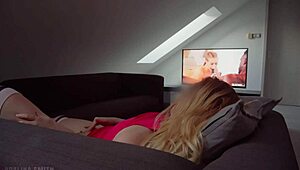 hot blonde gets off watching bbc porn on tv