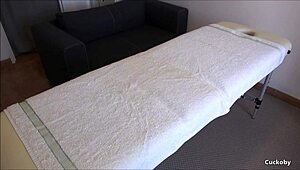 Amateur masseur provides professional home massage to sexy housewife, leading to sex, cumshot, and cuckold with husband.