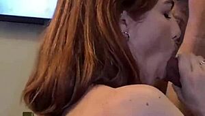 oh wow, that redhead amateur gets bent over for quick doggystyle fucking and swallows cum!