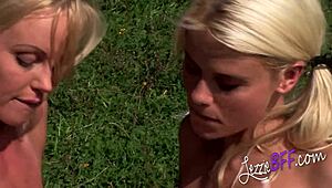 two big titted girls toy each other's pussies