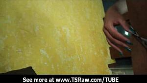 skinny brazilian shemale gives pov blowjob to cock