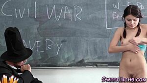 Petite Brunette Teen Gets Her Tight Ass Jizzed in Classroom Setting