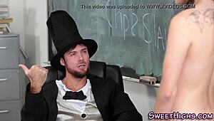 Petite Brunette Teen Gets Her Tight Ass Jizzed in Classroom Setting