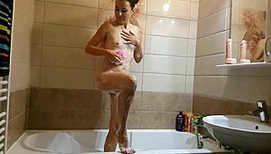 Voyeur catches my shower with close-up natural tits and pretty ass in the bathroom