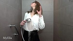 ella taking soapy shower in shiny legging with blowjob