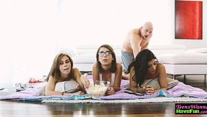 amateur teen 18+ gets covered in jizz at wild party foursome with oral and facials