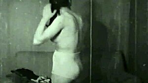 Suggestive Vintage Vibe with Hairy Beaver Stripping Down Slow