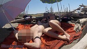 Ever caught flashing cock on a public beach with Misscreamy helping?