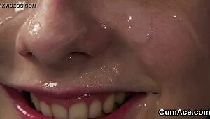 Flirty Stunner Swallows Every Drop of Cumshot on Her Face After Wild Blowbang.
