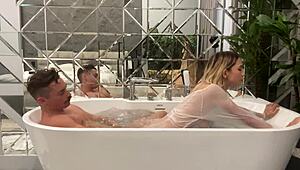 a blonde asian escort with natural tits swallows cum then impales her narrow big ass on a huge dick in the toilet.