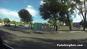 Porta gloryhole pumps redhead’s mouth full of cum in public