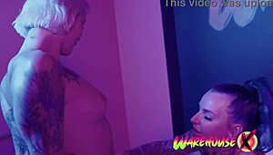 Two german girls kiss passionately before muff diving and fucking with a huge double dildo, leading to incredible orgasms and cum.