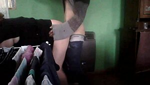 latina milf couple fucking in kitchen by heater