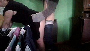 latina milf couple fucking in kitchen by heater