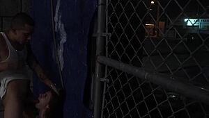 Stranded teen 18+ rides dick roughly while blowing it outdoors