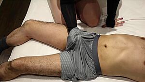 Massive cumshot through underwear during intense handjob in pants