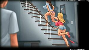 I watch her and her slutty friend show off big perky boobs in cheerleader uniforms.