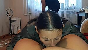 My girlfriend licked me while the cleaner scrubbed the floor nearby.