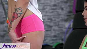 fitness room petite teen with small tits facesitting in gym