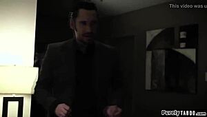 Hey, innocent teen babysitter sees boss jerking off! 😲