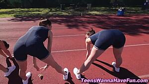 Athletic lesbian teens finger and orally pleasure at party.