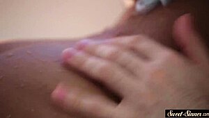 classy ebony teen enjoys pool party in bathroom setting