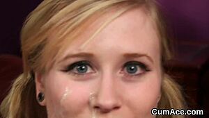 unusual stunner gets cum load on face gulping all jizm