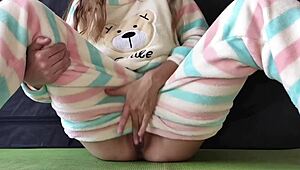 Teen in pajama hard masturbates small 18+ tits pussy to squirting orgasm