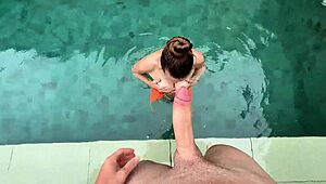 Horny stepmother Elena Ross feels alive giving poolside blowjobs and cumshots