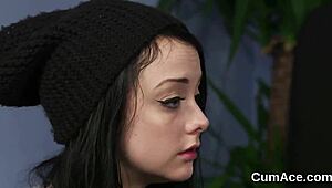 Nasty hottie gulps cum load on face