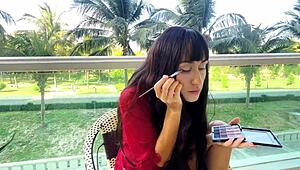 a sexy brunette with long hair reveals makeup secrets for a flawless face