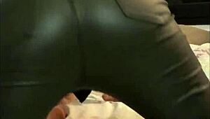 French amateur flaunts leather pants and satin lingerie in pov.