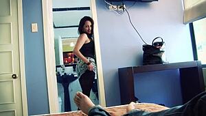 Her husband fucks her rough in bathroom, blows big cock on bed, swallows cum