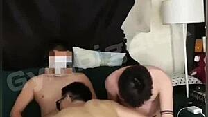 Threesome Gay Asian Amateur Bareback Action