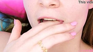 teen brunette shares her naked close-up story on the sofa