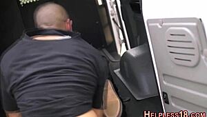 teen hitchhiker bound tight and deepthroated by monster cock in pickup.