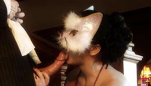 Masked slave performs routine tasks for master in heels