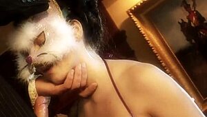 Masked slave performs routine tasks for master in heels