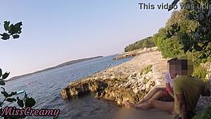 teen teacher sneaks a blowjob on croatia's public beach - risky with crowds near - misscreamy