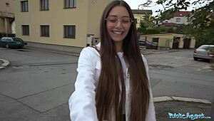 public agent european brunette with natural tits glasses blowjob monster cock risky sex at indoor swimming pool