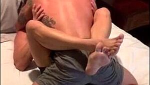 Gay stripper in hotel rips clothes for intense blowjob and riding