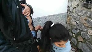 best friends share a public blowjob and cum on the street