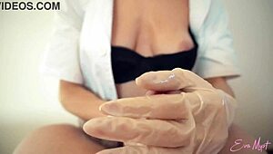 this sexy nurse eva myst gives a professional handjob with mask, gloves, and oil.