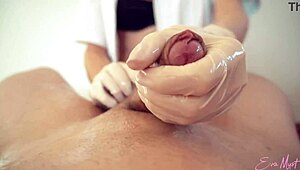 this sexy nurse eva myst gives a professional handjob with mask, gloves, and oil.
